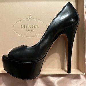Authentic Prada Leather Black Peep Toe Heel with Platform